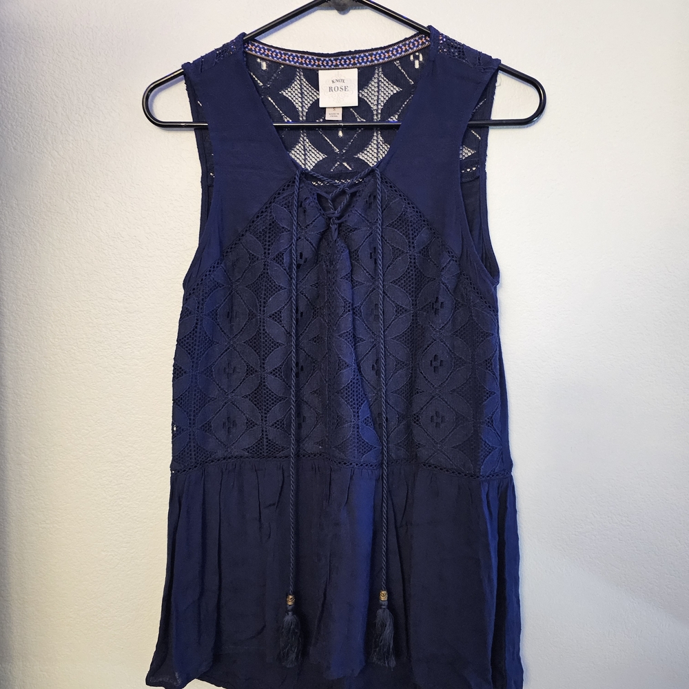 Knox Rose Navy Lace Top with Embroidered Trim